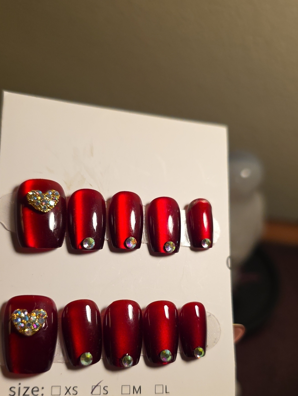 Red Rhinestone Heart Press-On Nail Set - Size Small